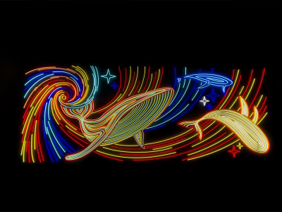 Decorative Neon Lights with Whale Star and Swirl Patterns in Colorful Design on Black Background 3d model