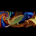 Decorative Neon Lights with Whale Star and Swirl Patterns in Colorful Design on Black Background