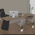 Wooden Office Desk with Black Leather Chair Laptop Cup Documents and Potted Plant
