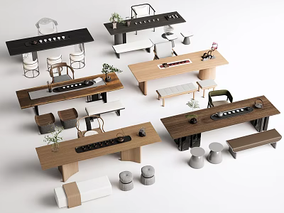 Modern Wooden Tea Table And Chairs Set With Tea Sets And Decorative Plants 3d model