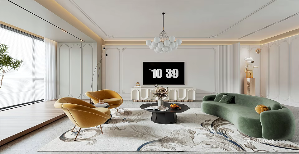 Modern Elegant Living Room Interior With Green Sofa Yellow Armchairs And Round Coffee Table 3d model 