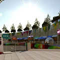 Vibrant Commercial Street Entrance with Tall Buildings Colorful Decorations Palm Trees and Vans