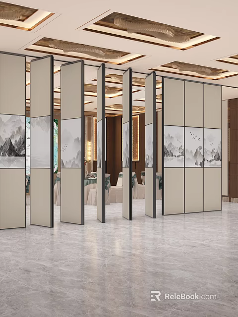 Elegant Modern Banquet Hall Interior With Movable Partitions Landscape Paintings Mirror Design And Smooth Flooring 3d model 