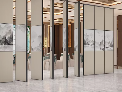 Elegant Modern Banquet Hall Interior With Movable Partitions Landscape Paintings Mirror Design And Smooth Flooring 3d model