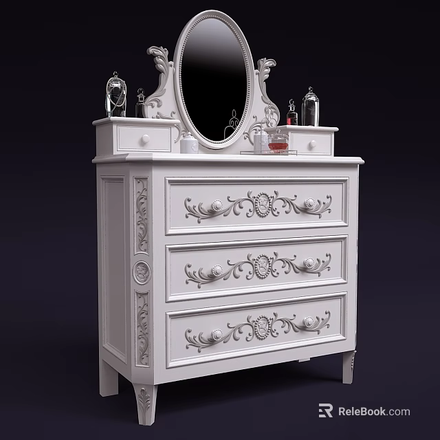 White Ornate Chest of Drawers with Carved Details and Mirror Top Decorative Items 3d model 