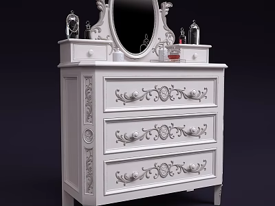 White Ornate Chest of Drawers with Carved Details and Mirror Top Decorative Items 3d model