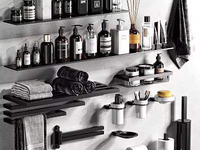 Modern Black Bathroom Shelves with Various Toiletries Rolled Towels and Cleaning Products 3d model