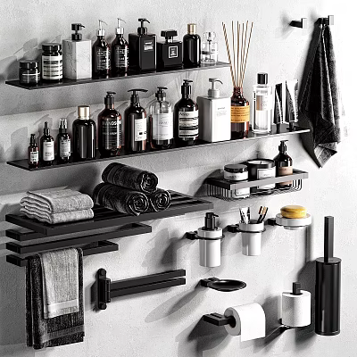 Modern Black Bathroom Shelves with Various Toiletries Rolled Towels and Cleaning Products 3d model