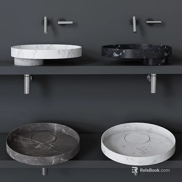 Modern Double White And Black Marble Washbasins On Wall Mounted Shelf 3d model 