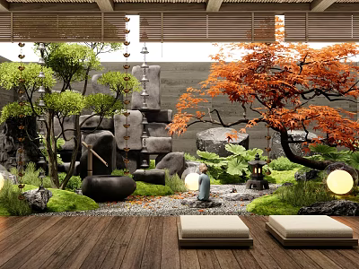 Japanese Courtyard Garden With Rockery Red Maple Tree Stone Lantern Pebbles Wooden Flooring And Cushions 3d model
