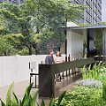 Modern Pergola Outdoor Space With Seating Area Trees Lawn And People Relaxing Walking