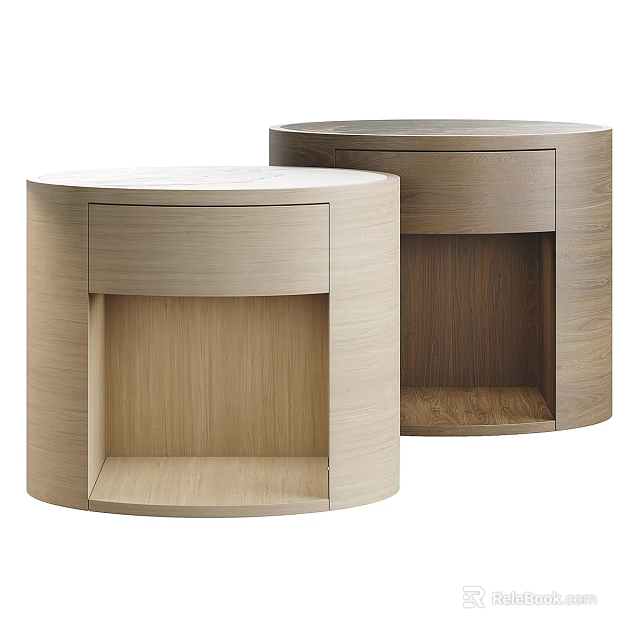 Modern Wooden Bedside Tables Featuring Cylindrical Design Open Shelf And Light Dark Wood Tones 3d model 