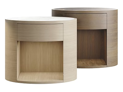 Modern Wooden Bedside Tables Featuring Cylindrical Design Open Shelf And Light Dark Wood Tones 3d model
