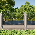 Building Exterior Wall With Stone Pillars Black Metal Fence Green Trees And Bushes