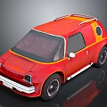 Red and Orange Compact Car with Roof Rack Unique Round Window and Dark Tinted Windows