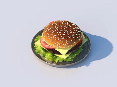Delicious Burger with Sesame Seed Bun Fresh Lettuce Tomato Cheese Beef Patty on Black Plate 3d model