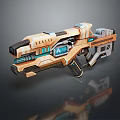 Futuristic Sci Fi Weapon with Orange Blue Detailed Mechanical Structure Barrel Grip and Glowing Core