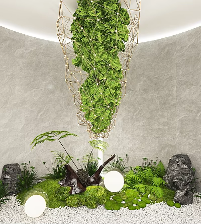 Hanging Green Ferns and Ground Plants Combination with Golden Mesh and Stones in Indoor Design 3d model
