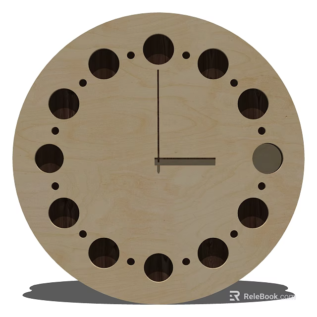 Wooden Round Clock with Circular Holes for Numerals and Minimalist Hands 3d model 