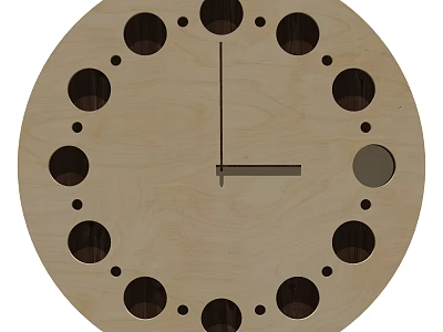 Wooden Round Clock with Circular Holes for Numerals and Minimalist Hands 3d model