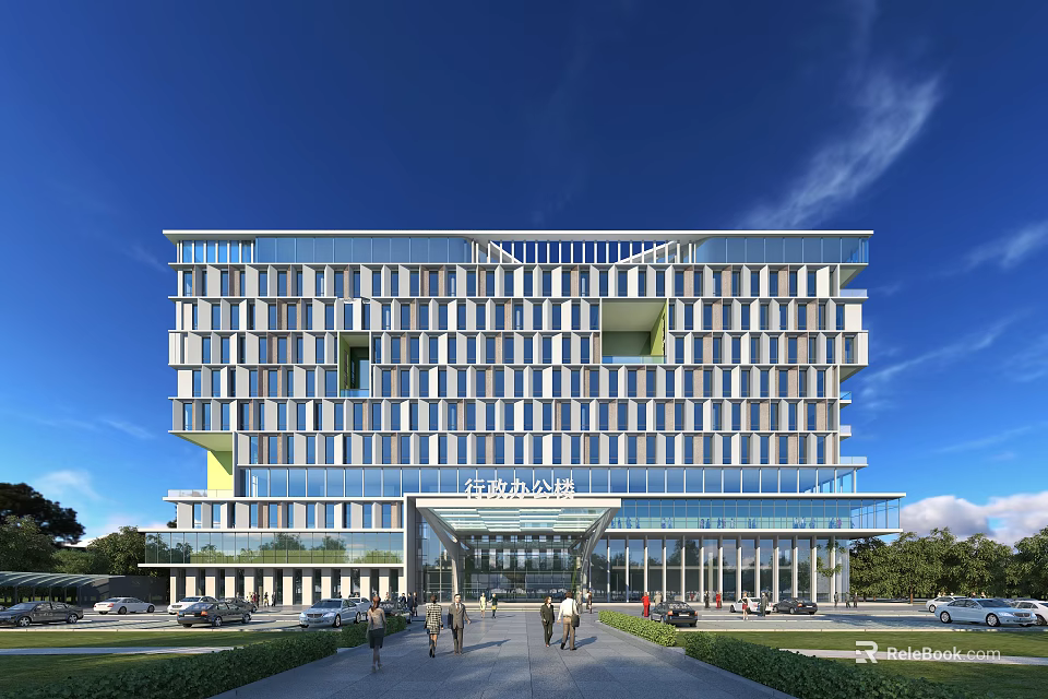 Modern Office Building With Glass Facade Grand Entrance And Pedestrians In Landscaped Area 3d model 