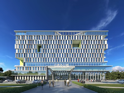 Modern Office Building With Glass Facade Grand Entrance And Pedestrians In Landscaped Area 3d model