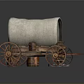 Vintage Wooden Wagon With White Canvas Cover Barrels Lantern And Stone Base