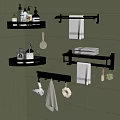 Brass Bathroom Accessories With Corner Shelves Towel Racks And Green Tiled Wall