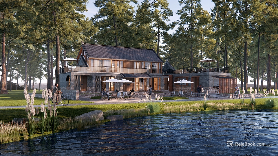 Lakefront Detached Villa Surrounded by Woods With Outdoor Patio And Umbrella Area 3d model 