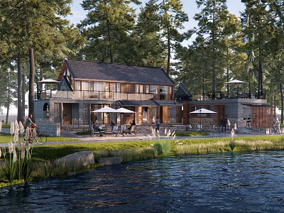 Lakefront Detached Villa Surrounded by Woods With Outdoor Patio And Umbrella Area 3d model