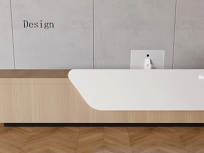 Modern Reception Desk With White Countertop And Wooden Cabinet Featuring Computer Monitor On Gray Wall 3d model