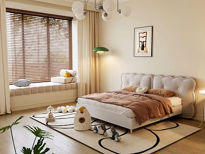Cozy Bedroom Interior Design With Window Seat Wooden Blinds Curved Headboard And Rug With Toys 3d model
