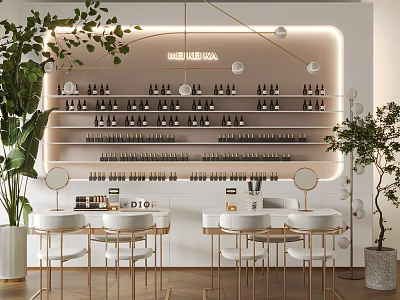 Modern Beauty Salon Interior Design With Product Shelves White Chairs Gold Frames And Lighting 3d model