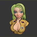 3D Woman Bust With Blonde Hair Blue Eyes Yellow Tight Outfit And Badges