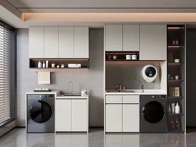 Modern Laundry Room Featuring Two Black Washing Machines White Cabinets And Gray Walls 3d model