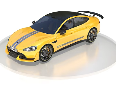Yellow Sports Car Featuring Black Roof Stripes Rear Spoiler And Alloy Wheels 3d model