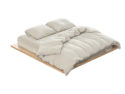 Minimalist Double Bed With Wooden Platform Frame And Light Beige Bedding 3d model