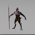 Fantasy Humanoid Creature With Blue Red Skin Holding Spear Brown Loincloth And Clawed Feet