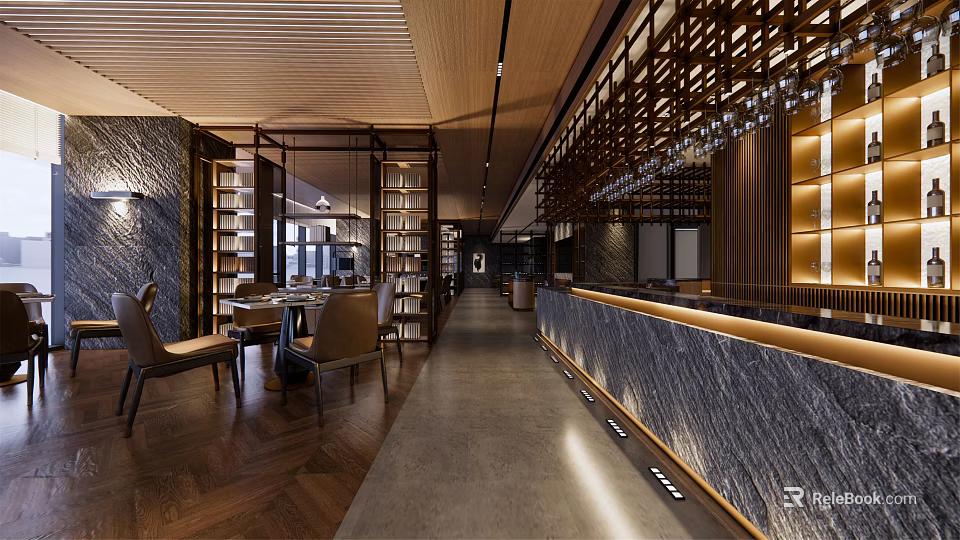 Elegant Restaurant Interior With Wooden Ceiling Stone Walls Bookshelves And Bar Counter 3d model 