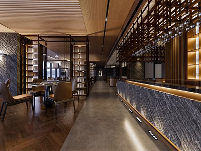 Elegant Restaurant Interior With Wooden Ceiling Stone Walls Bookshelves And Bar Counter 3d model