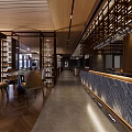 Elegant Restaurant Interior With Wooden Ceiling Stone Walls Bookshelves And Bar Counter