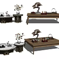 Wooden Coffee Table Set with Round and Rectangular Designs Vase Flowers Tea Set Decor 3d model