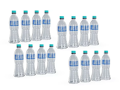 Beverage in Transparent Plastic Bottles with Blue Labels and Green Caps Neatly Arranged in Groups 3d model