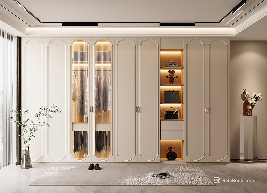 Modern White Wardrobe Interior With Glass Doors Hanging Areas Storage And Decorative Rug 3d model 