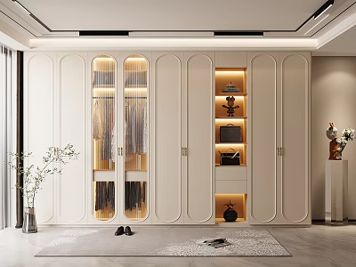 Modern White Wardrobe Interior With Glass Doors Hanging Areas Storage And Decorative Rug 3d model