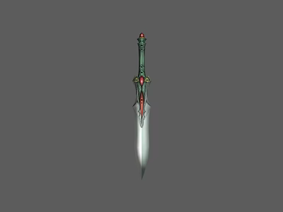 Ornate Decorative Sword With Green Hilt Red Accents And Silver Sharp Blade 3d model