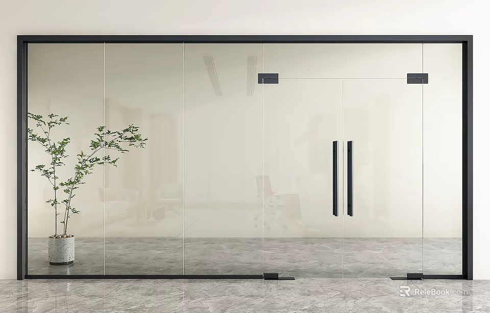 Modern Office Glass Partition Door With Green Plant And Interior Design 3d model 