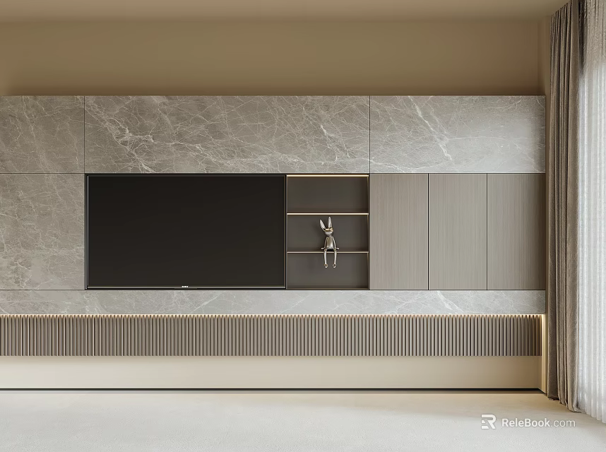 Modern TV Wall Design with Marble Panels Open Shelves and Wooden Base Cabinet 3d model 