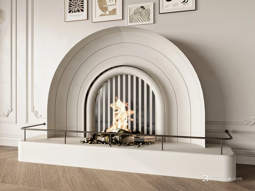 Modern Arched Fireplace With Flames And Art In Elegant Interior 3d model