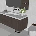 Modern Bathroom Vanity With Wooden Cabinet White Countertop And Flower Vase Mirror